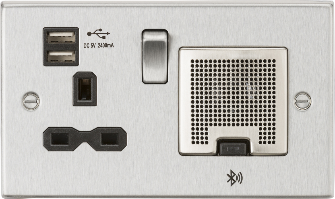 13A Socket, USB chargers (2.4A), & Bluetooth Speaker - Square Edge Brushed Chrome with black insert