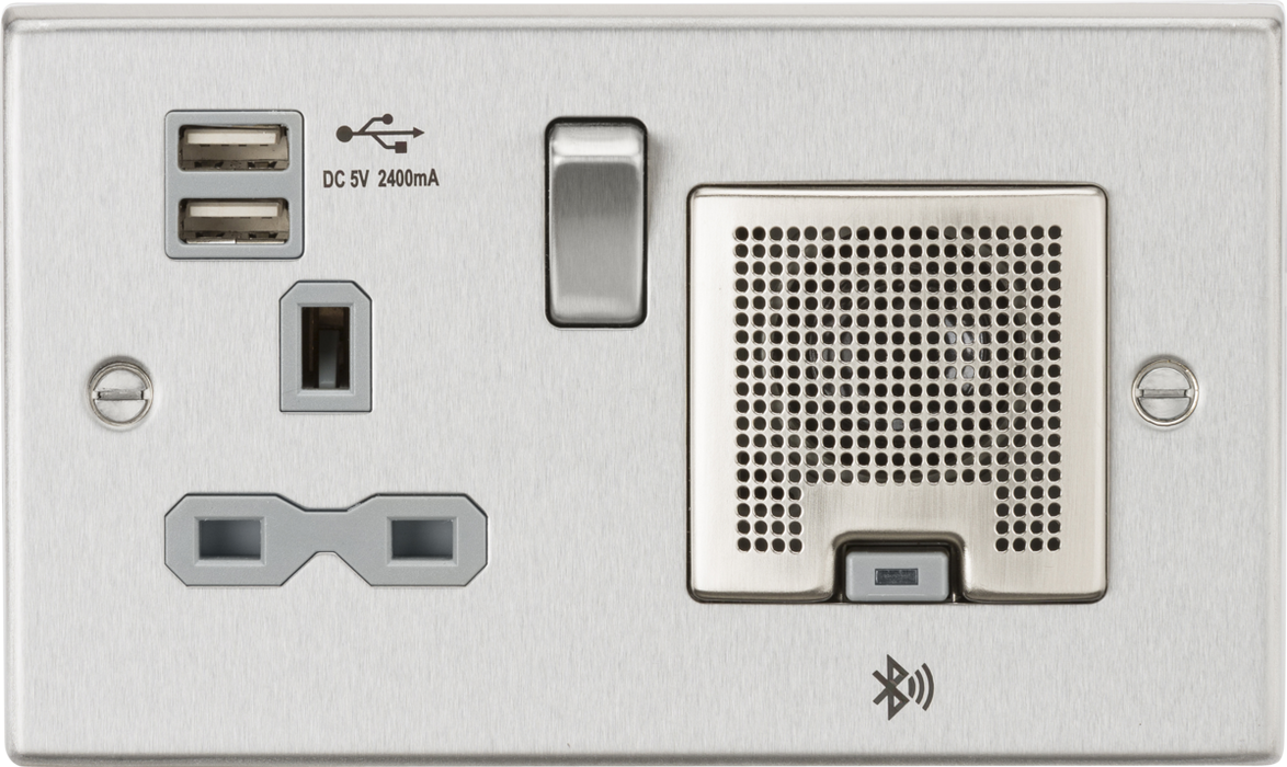 13A Socket, USB chargers (2.4A), & Bluetooth Speaker - Square Edge Brushed Chrome with grey insert