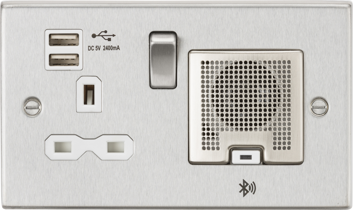 13A Socket, USB chargers (2.4A), & Bluetooth Speaker - Square Edge Brushed Chrome with white insert