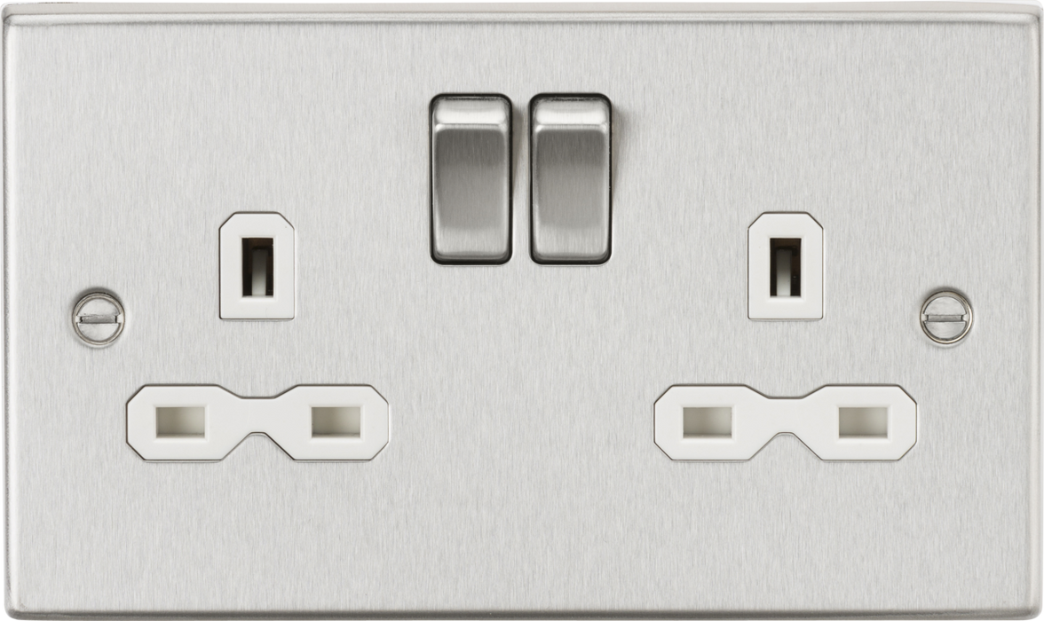 13A 2G DP Switched Socket with White Insert - Square Edge Brushed Chrome
