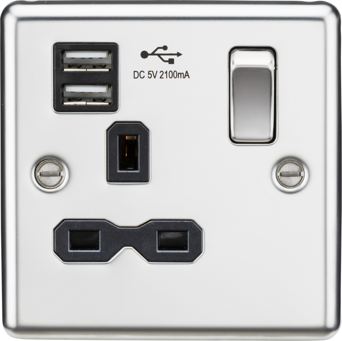 13A 1G Switched Socket Dual USB Charger Slots with Black Insert - Rounded Edge Polished Chrome