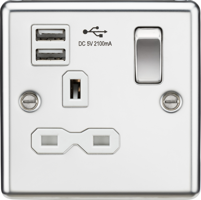 13A 1G Switched Socket Dual USB Charger Slots with White Insert - Rounded Edge Polished Chrome