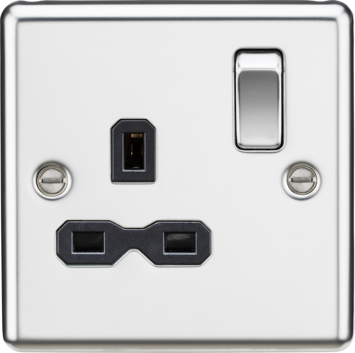 13A 1G DP Switched Socket with Black Insert - Rounded Edge Polished Chrome
