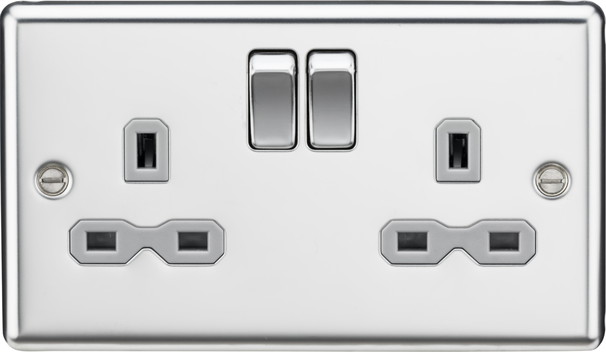 13A 2G DP Switched Socket with Grey Insert - Rounded Edge Polished Chrome