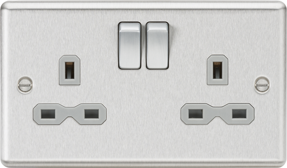 13A 2G DP Switched Socket with Grey Insert - Rounded Edge Brushed Chrome