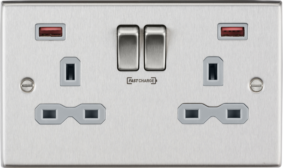 13A 2G DP Switched Socket with Dual USB FASTCHARGE ports (A + A) - Brushed Chrome with grey insert
