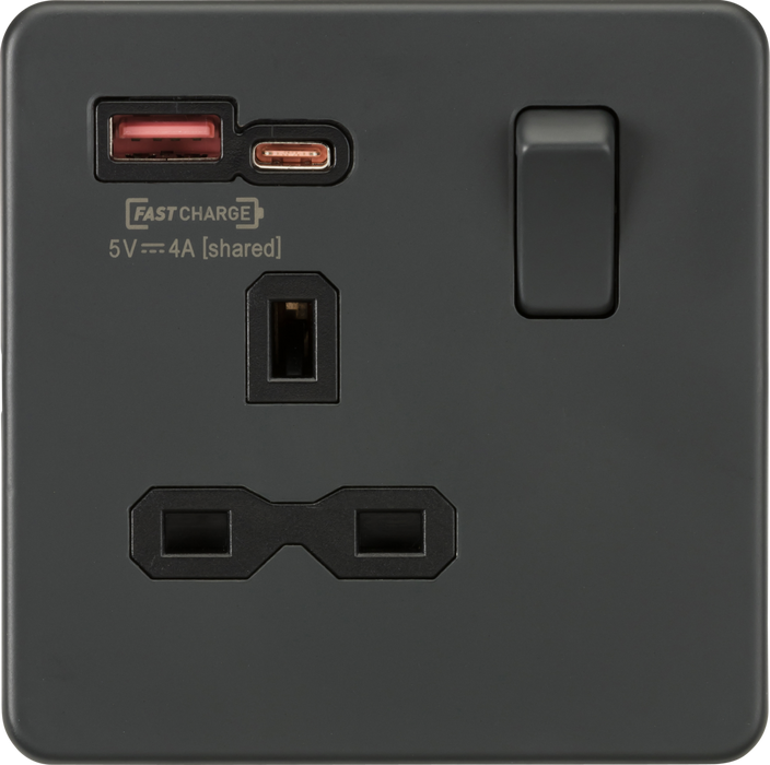 13A 1G Switched Socket with dual USB [FASTCHARGE] A+C - Anthracite