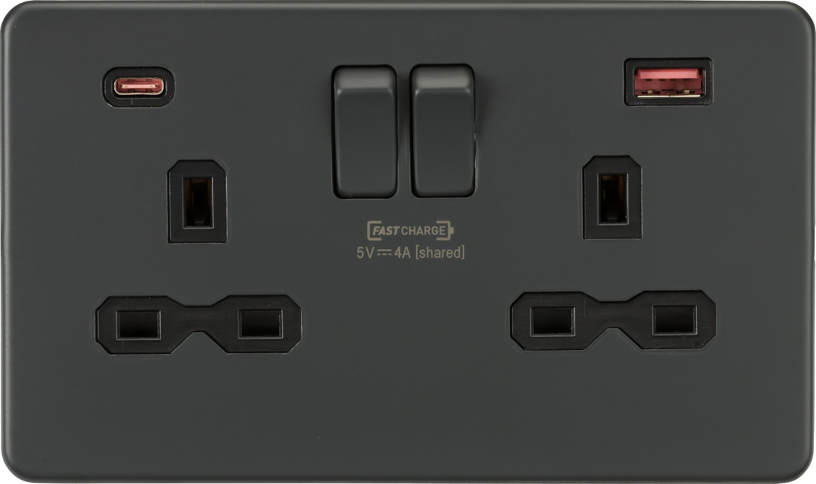 13A 2G DP Switched Socket with Dual USB Charger A+C (max. 18W QC/PD FASTCHARGE) - Anthracite
