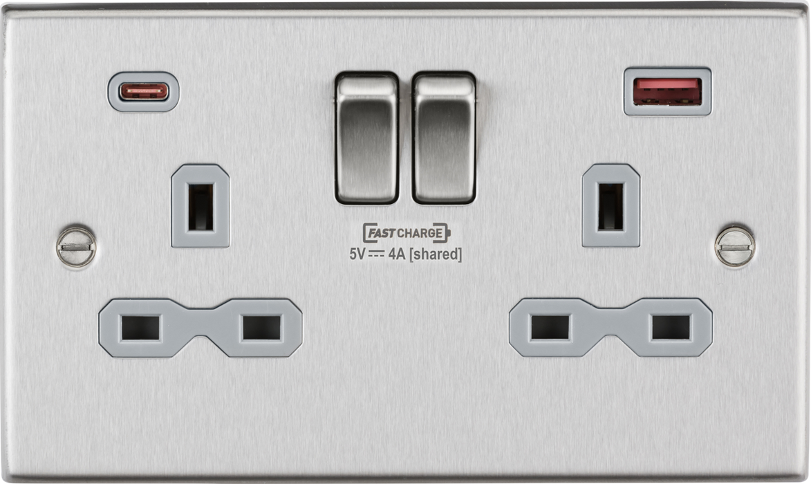13A 2G DP switched socket with dual USB charger A + C (FASTCHARGE) - Brushed chrome with grey insert