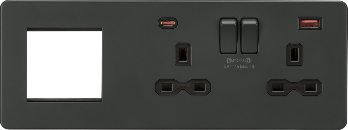 Screwless 13A 2G DP Socket with USB Fastcharge + 2G Modular Combination Plate - Anthracite