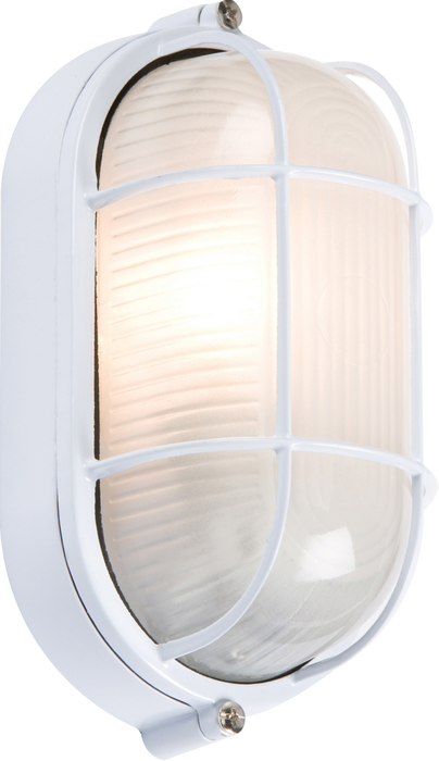 230V IP54 60W White Oval Bulkhead with Wire Guard and Glass Diffuser