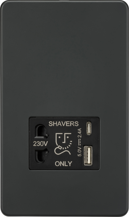 Shaver socket with dual USB A+C (5V DC 2.4A shared) - Anthracite