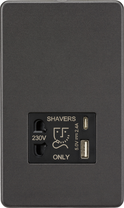 Shaver socket with dual USB A+C (5V DC 2.4A shared) - smoked bronze
